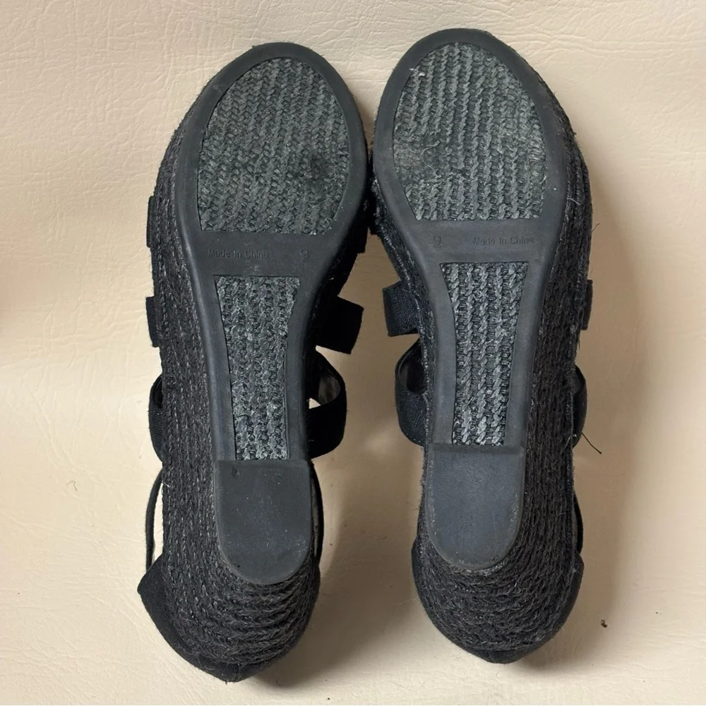Ralph Lauren Kelcie Fabric Open Toe Casual Espadrille Wedge Sandals  Blk Sz 9